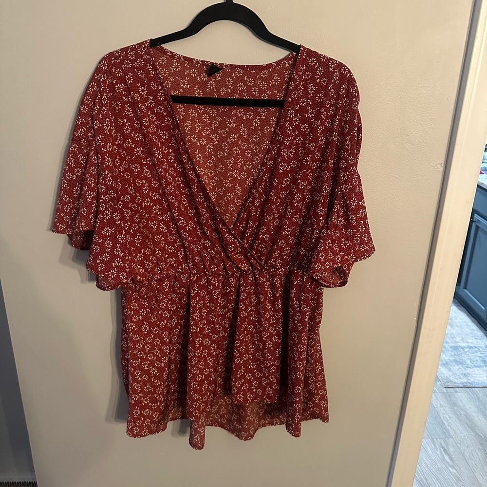 SHEIN Red Floral Wrap Blouse